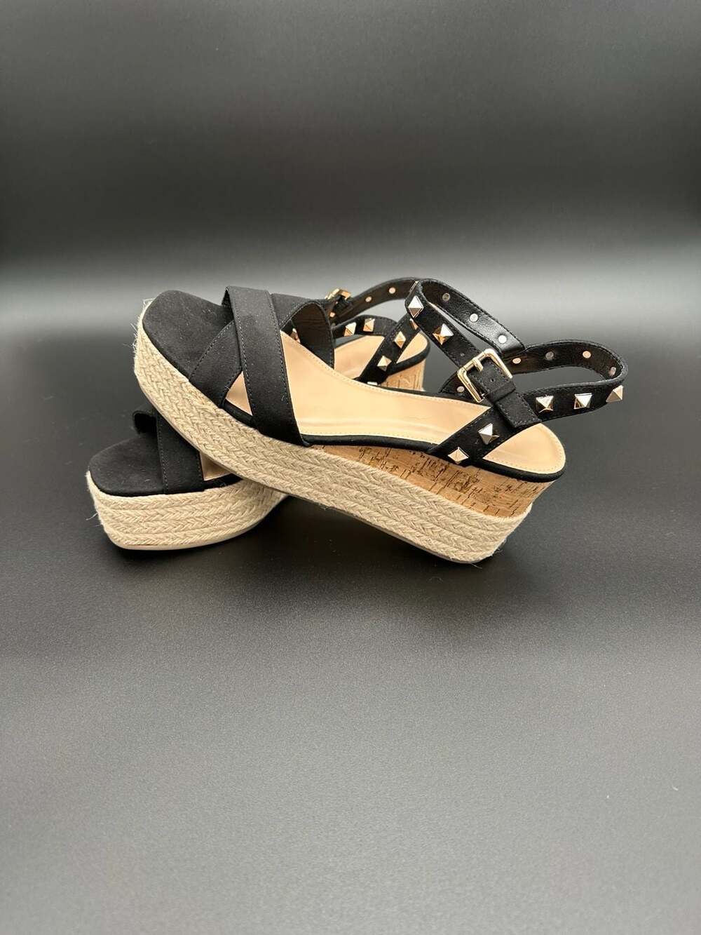 JustFab Alfina Black Studded Criss Cross Espadrille Platform Wedge Sandals